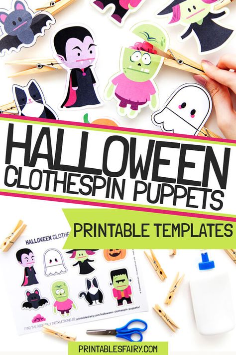 Halloween Clothespin Puppets - The Printables Fairy Clothespin Halloween Crafts, Halloween Clothespin Puppets, Halloween Clothespin Crafts, Halloween Puppets Printable, Easy Puppets For Kids To Make, Halloween Printables Free For Kids, Diy Puppets For Kids, Halloween Crafts For Kids Elementary, Halloween Printables Free Templates