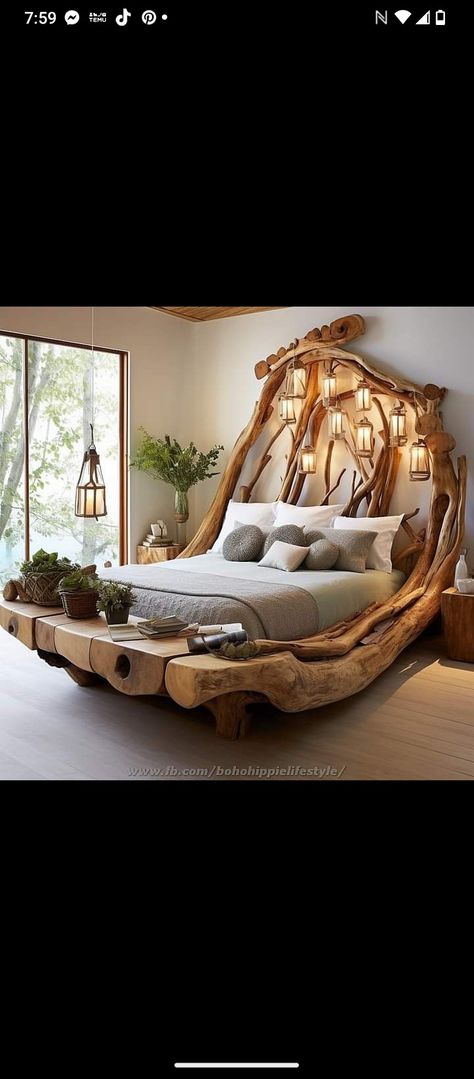 Branch Headboard, Log Canopy Bed, Nature Bed, Driftwood Headboard, Old House Design, Branch Furniture, Rustic Log Furniture, Dream Bedroom Inspiration, Fairy House Diy