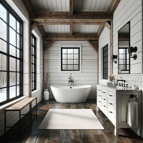 Create a meticulously detailed image showcasing the modern farmhouse style bathroom. The walls should be covered in shiplap painted in a soft white tone, while the floor should present a visually pleasing contrast with dark tile resembling aged wood. The overall atmosphere should be peaceful and welcoming, serving as a source of inspiration for a remodel. White Bathroom Wood Accents, White And Dark Wood Bathroom, Modern Farmhouse Master Bath, Farmhouse Bathroom Inspiration, Dark Wood Bathroom, Wooden Beams Ceiling, Hardwood Floors Dark, White Shiplap, Dark Wood Floors