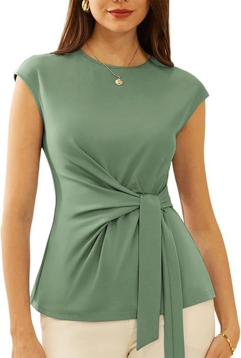 GRACE KARIN Women's Cap Sleeve Blouse Summer Crew Neck Tie Detail Casual Tunic Tops T Shirts : Amazon.co.uk: Fashion Blouse With Bow, Cute Summer Tops, Tie Waist Top, Cap Sleeves Blouse, Tunic Tops Casual, Casual Tunics, Layered Fashion, Cap Sleeve Top, Elegant Blouses