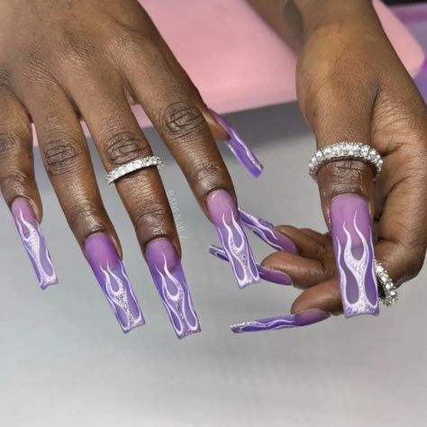 Nail Art For Brown Skin, Nails Design For Black Women, Flames Nail Art, Matte Purple Nails, Ballerina Acrylic Nails, Flare Nails, Flame Nail Art, Glitter Nails Acrylic, Purple Nail Art