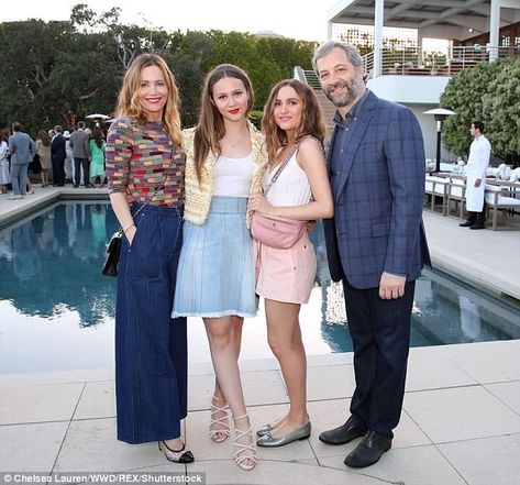 Party time: Leslie Mann and Judd Apatow are proud parents to two young daughters, Iris and Maud. And on Saturday the power couple - who have worked together on This Is 40 and Knocked Up - took their girls out to a fancy event Rose Colored Dress, Judd Apatow, Leslie Mann, Fancy Event, Proud Parents, Blonde Fashion, Light Grey Suits, Black Stilettos, Knit Jumpsuit