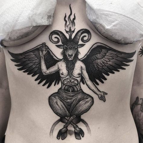 Baphomet Tattoo, Best Tatto, Satanic Tattoos, Occult Tattoo, Tattoo Board, Spooky Tattoos, Stomach Tattoos, Dark Tattoo, Black Ink Tattoos