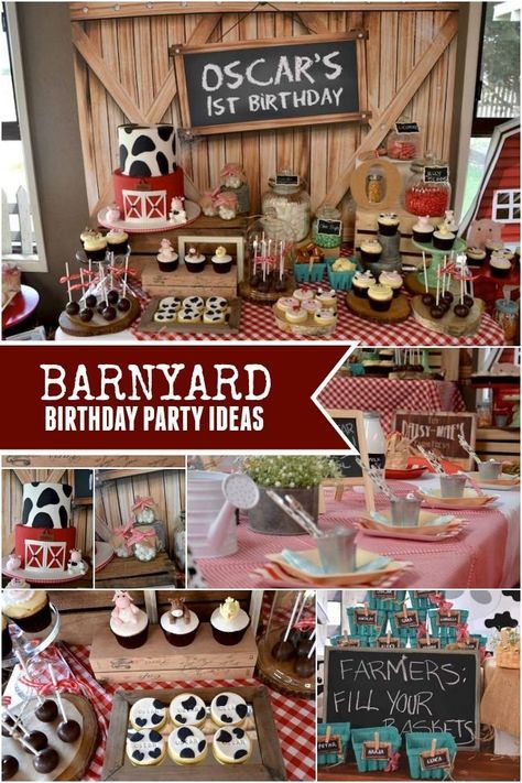 Down on the Farm: A Boy’s Rustic Barnyard 1st Birthday Party Barnyard 1st Birthday, Gingham Decorations, Hay Wagon, Barnyard Birthday Party, Farm Theme Birthday, Farm Animals Birthday Party, Farm Themed Birthday Party, Spaceships And Laser Beams, Barnyard Party