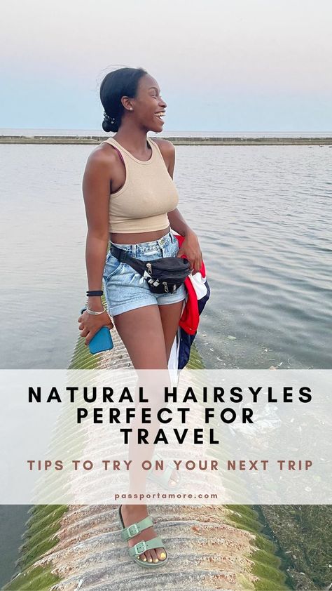 A Black woman standing by the water smiling with natural hair pulled back in a low bun Hairstyles For Travel, Black Woman Travel, Hairstyles Black Hair, Vacation Hairstyles, Travel Hairstyles, Travel Budget, Black Hairstyles, Natural Hair Tips, Black Travel