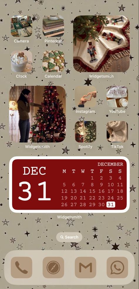 Christmas Aesthetic Lockscreen Iphone, Simple Christmas Aesthetic Wallpaper, Ios 16 Home Screen Ideas Aesthetic Christmas, Aesthetic Christmas Homescreen Layout, Ios 16 Home Screen Christmas, Winter Home Screen Aesthetic, Phone Theme Ideas Christmas, Iphone Christmas Theme, Christmas Phone Theme Ideas