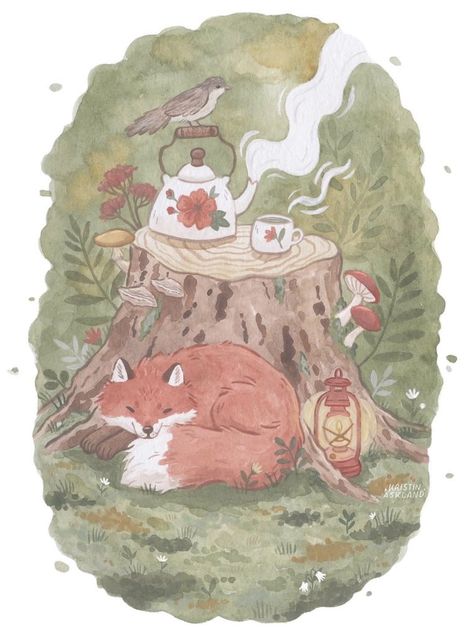 Tea Time Illustration, Life In Nature, Future Painting, Cottage Core Art, Romanticized Life, Woodland Animal Art, Cozy Art, Scene Art, Forest Painting