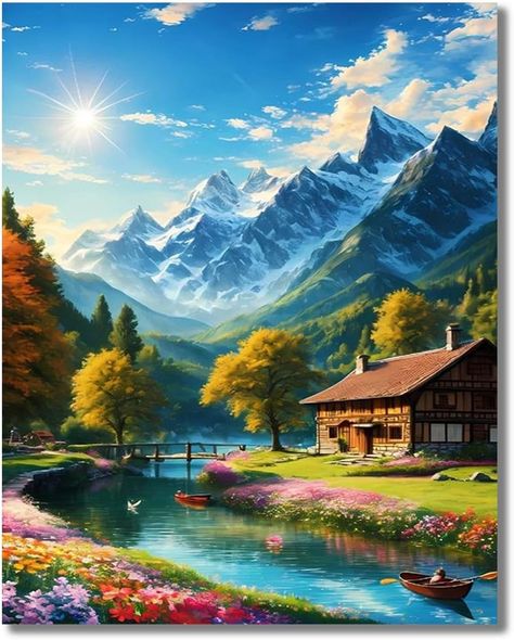 Snow Mountain Landscape, Art Painting Diy, Beautiful Paintings Of Nature, Reka Bentuk Grafik, Mountain Landscape Painting, Diy Broderie, Scenery Paintings, Beautiful Art Paintings, Diamond Art Painting