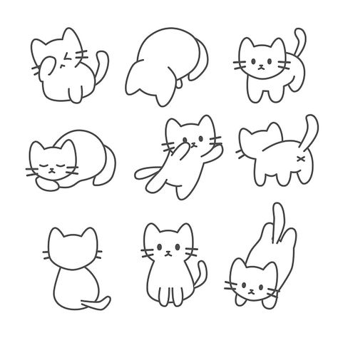 Set of cat poses drawing coloring page | Premium Vector #Freepik #vector #background #pattern #baby #card Cute Basic Drawings, Cat Back Drawing, Little Animals Drawings, Cat Illustration Simple, How To Draw Cat, Cat Poses Drawing, Cute Cat Drawing Doodles, Cat Drawings Simple, Cute Cat Vector