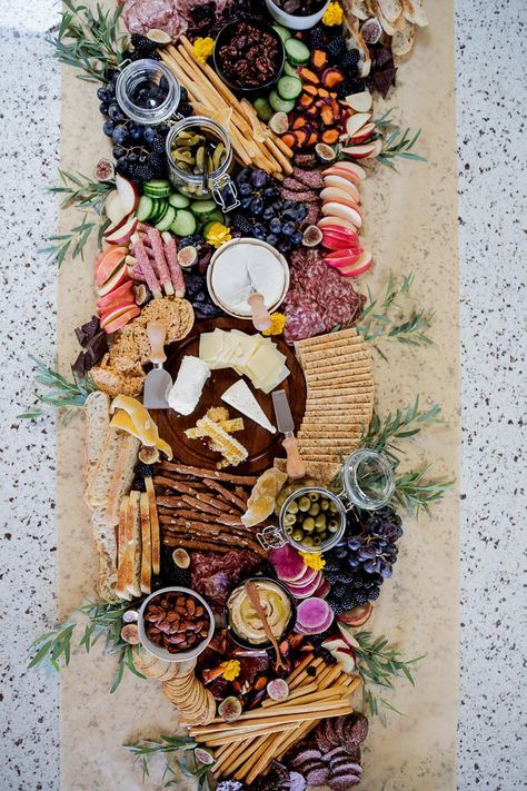 Forest Theme Charcuterie Board, Long Narrow Charcuterie Board, Charcuterie Board Ideas For Engagement Party, Greenery For Charcuterie Board, Whole Table Charcuterie Board, Charcuterie Island Spread, Butcher Paper Charcuterie Board, Goblincore Birthday, Halloween Charcuterie Board For Kids