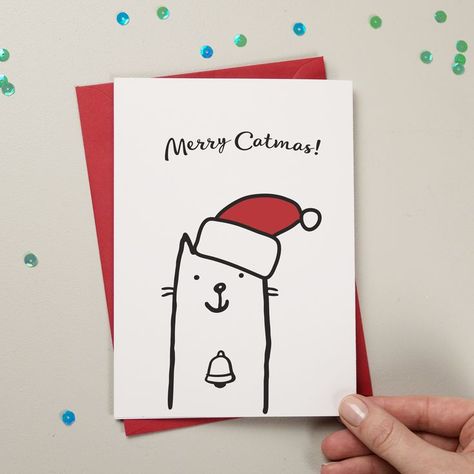 Christmas Cat Card, Christmas Cards Drawing, Cat Christmas Cards, Cat Bell, Merry Catmas, Cute Christmas Cards, Christmas Card Art, Homemade Christmas Cards, Christmas Card Crafts