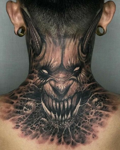 Tato 3d, Tattoo Generator, Satanic Tattoos, Skull Hand Tattoo, Throat Tattoo, Evil Tattoos, Devil Tattoo, Back Of Neck Tattoo, Demon Tattoo