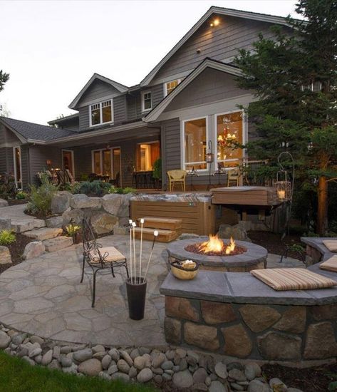 Colonial Landscaping, Hot Tub And Fire Pit, Hot Tub Landscaping, Hot Tub Patio, Hot Tub Designs, Patio Layout, Hot Tub Deck, Hot Tub Backyard, Backyard Entertaining