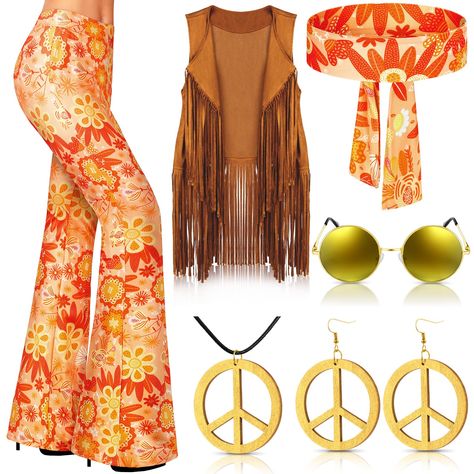 PRICES MAY VARY. 60s 70s Hippie Costume for Women Set: you will receive 1 piece of hippie pants for women, 1 piece of hippie fringe vest suede, 1 piece of hippie flower headband, 2 pieces of peace sign earrings (1 pair), 1 piece of peace sign necklace, and 1 pair of retro sunglasses, these hippie accessories will bring you an attractive charm, make you the focus of the theme party Quality Material: this women hippie costume is supported by quality polyester material, well made, the material is s Hippie Fringe Vest, 60s 70s Outfits, Hippie Flower Headband, 70s Hippie Outfits, Peace Sign Earrings, Hippie Accessories, Hippie Designs, Peace Sign Necklace