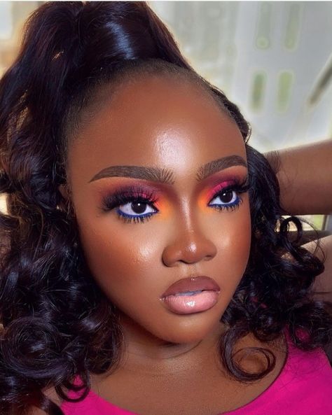 Carnival Glam Makeup, Colourful Eyeshadow Looks Black Women, Pink And Orange Eyeshadow Looks Black Women, Color Eyeliner Looks Black Women, Orange Carnival Makeup, Colorful Eyeshadow Black Women, Black Women Eyeshadow Looks, Carnival Makeup Black Women, Orange And Gold Makeup Looks Black Women