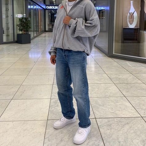 oversized hoodie w/ denim pants Grey Hoodie Outfit Men, Dark Blue Jeans Outfit, Gray Hoodie Outfit, Af1 Outfit, Blue Jeans Outfit Men, Light Blue Jeans Outfit, Air Force 1 Outfit Men, Oversized Hoodie Outfit, Air Force 1 Outfit