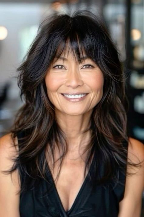 Medium Women’s Hairstyles, Hairstyles For Medium Length Hair With Long Bangs, Layered With Bangs Long Hair, Heavy Layered Shag, Long Shag Haircut Fine Hair Over 50, Long Bob Hairstyles With Bangs Over 40, Modern Bangs Medium Hair, Long Hair With Bangs For Women Over 50, Over 50 Hairstyles With Bangs