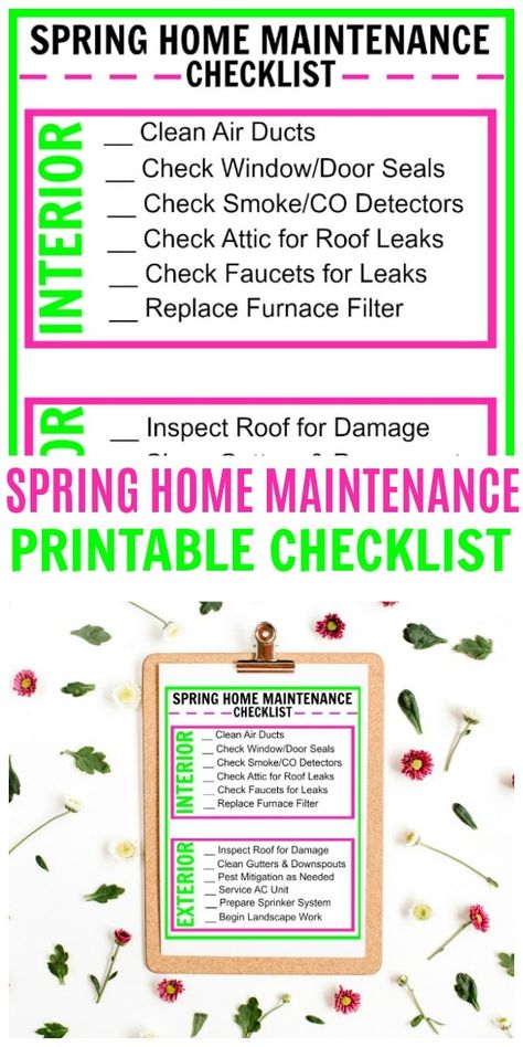 This free printable Spring Home Maintenance Checklist will help you stay on top of important home maintenance activities that need to be done. #checklist #printables #spring #home Home Maintenance Schedule, Clean Air Ducts, Home Maintenance Checklist, Spring House, Recreational Room, Maintenance Checklist, Home Fix, Printable Checklist, Family Handyman