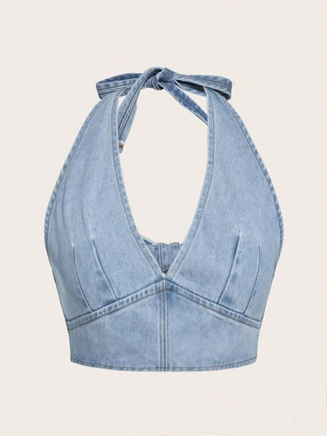 Low Cut Halter Top, Diy Halter Top, Denim Halter Top, Creative Tops, Denim Corset Top, Corset Fashion, Shein Icon, Plus Size Denim, Denim Corset