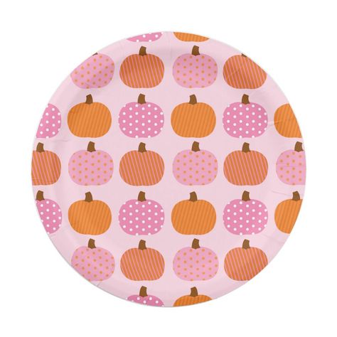 This sweet design features cute pink and orange pumpkins with polka dot and stripe patterns. Pink Pumpkin Party, Pink Pumpkin Baby Shower, Fall 1st Birthdays, Baby Shower Plates, Pumpkin Birthday Parties, Pumpkin 1st Birthdays, Pumpkin First Birthday, Baby Birthday Invitations, Pumpkin Birthday