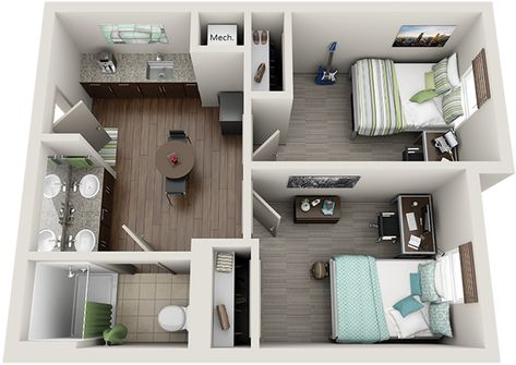 This is an example of a 2 bedroom suite in one of the dorms from Woodland I found online.  1. Can there be 3 bedrooms? 2. Is the kitchen a good size to be in? 3. Can friends and family visit the dorms? 4. Do students have to buy their own food? 5. What rules and regulations have to be followed when staying in a dorm? Dorm Layout, Dorm Room Layouts, University Dorms, Student Dorm, Dorm Design, Student Apartment, Room Layouts, Dorm Room Designs, Girls Dorm Room