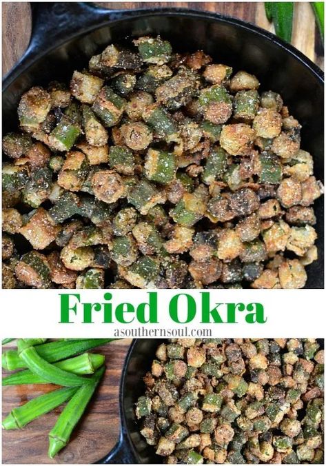 Cast Iron Skillet Fried Okra, Skillet Fried Okra, Southern Fried Okra, Fresh Okra, Okra Fries, Okra Recipe, Bacon Ranch Pasta Salad, A Southern Soul, Classic Southern Recipes