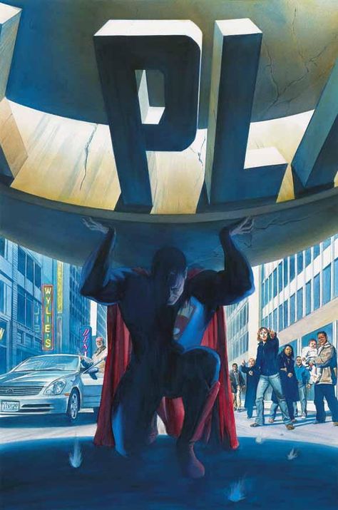 Alex Ross Superman holds up Daily Planet symbol Atlas style.  http://www.taringa.net/post/imagenes/15937594/El-arte-de-Alex-Ross.html Venom Thanos, Affiliate Amazon, Comics Anime, Superman Family, Superman Man Of Steel, Superman Art, Univers Dc, Dc Collectibles, Alex Ross