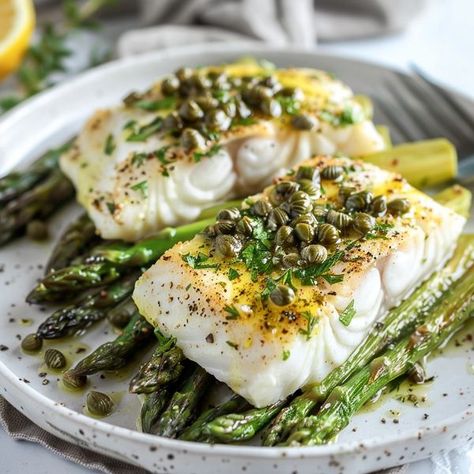 cookefast Cod And Asparagus, Pacific Cod, Grilled Cod, Fish Dinners, Lemon Caper Sauce, Caper Sauce, Clean Food Crush, Food Crush, Fish Dinner