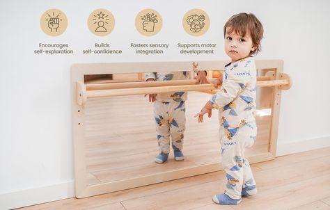 Preschool Adjustable Pull-Up Bar Montessori Shatter Kids Entryway Mirror Wood Kids Safety Unbreakable Mirror Montessori Mirror And Bar, Toddler Mirror Station, Montessori Pull Up Bar, Montessori Mirror, Homeschool Room Design, Unbreakable Mirror, Baby Play Areas, Preschool Furniture, Baby Mirror