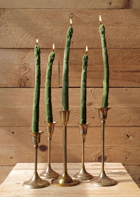 Inspired by a classic farmers market staple our Asparagus Beeswax Candle Tapers adds ambience to any table. Bee’s wax candles have a brighter, cleaner burn than other waxes, and burn longer. 100% pure beeswax and with a cotton wick. Sold as a set of 2. Bohemian Decor Handcrafted Decor Slow Roads Made by Time Inspired by Nature Time-Honored Design Unique Taper Candles, Colorful Taper Candles, Unique Candle Ideas, Candle Tapers, Candle Table Setting, Moody Tablescape, Green Tablescape, Pine Cone Candles, Candle Stick Decor