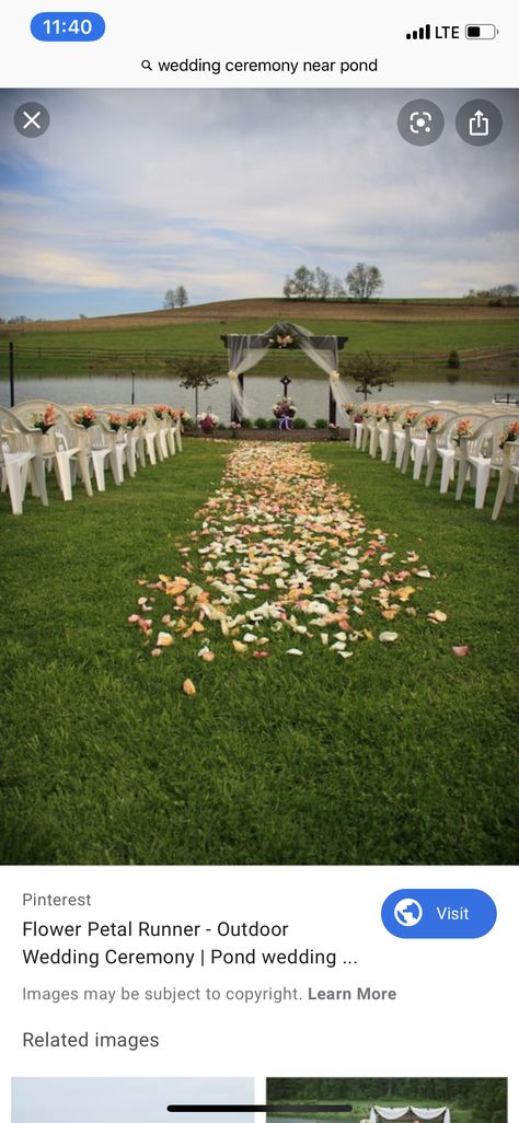 Wedding Ceremony By Pond, Wedding In Front Of Pond, Pond Wedding Ceremony, Pond Wedding, Backyard Wedding Ceremony, Outdoor Wedding Ceremony, Backyard Wedding, Home Wedding, Flower Petals