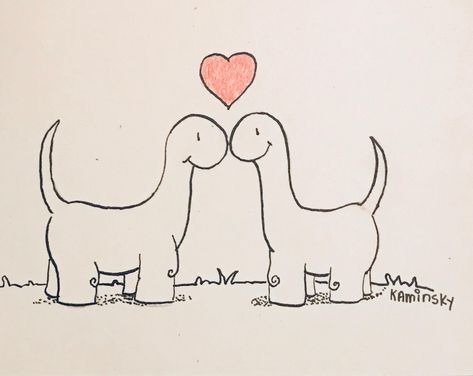 "Dinosaurs in Love! Adorable? Of course. This one-of-a-kind hand-drawn card is the perfect special gift for an anniversary, birthday, Valentine's Day or just a general sign of affection. It's a piece of original art in itself. Altogether...\"Awwwwww.\"   Each individually drawn card is  5 x7 on cream stock and comes with it's own envelope." Hand Drawn Cards Valentines, Sweet Doodles For Him, 3 Year Anniversary Scrapbook, Love Card For Boyfriend, Cute Posters For Boyfriend, Happy 2 Year Anniversary Boyfriend, Cute Drawing For Bf, Cute Love Doodles For Him, Anniversary Doodles