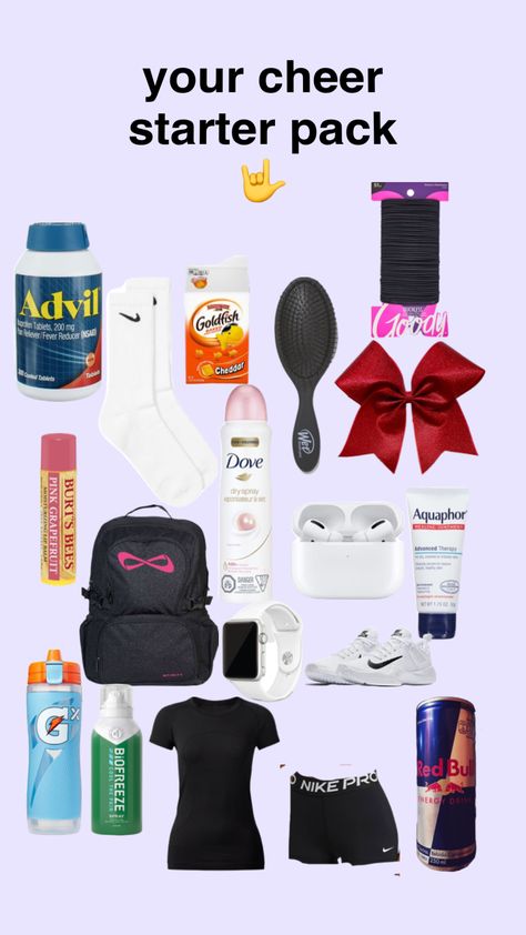 Cheer Camp Essentials, What To Put In Your Cheer Bag For Practice, Cheer Bag Essentials Practice, What To Pack For Cheer Competition, Cheer Coach Bag Essentials, Cheerleader Essentials, What To Wear To Cheer Tryouts, Cheer Stuff Ideas, Cheer Must Haves