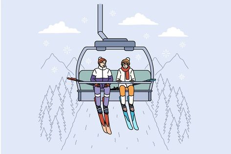 Ski lift and winter activities concept. Positive young people skiers riding up on ski lift to slide down hills in mountains outdoors enjoying conversation vector illustration Ski Lift Illustration, Ski Lift Chair, Ski Chair, Chair Drawing, Wedding Illustration, Ski Lift, Metal Texture, Winter Activities, Easy Drawings