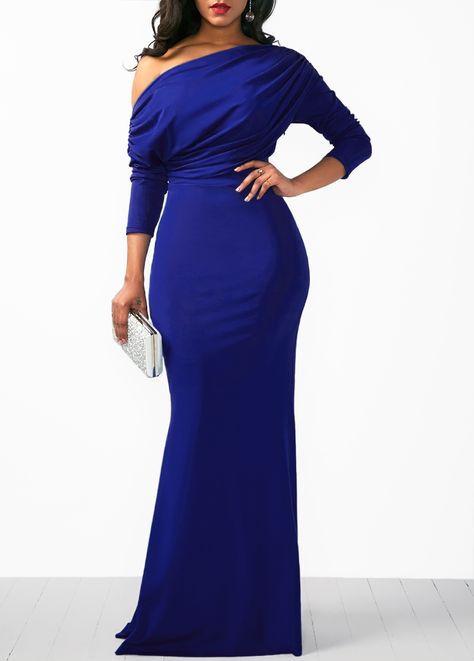 US$32.70 - Skew Neck Draped Long Sleeve Mermaid Dress Blue Plus Size Dress, Evening Dress Outfit, Long Sleeve Mermaid Dress, Blue Groom, Fall Blue, Latest Dress For Women, Formal Wear Dresses, Plus Size Formal Dresses, Formal Evening Dress