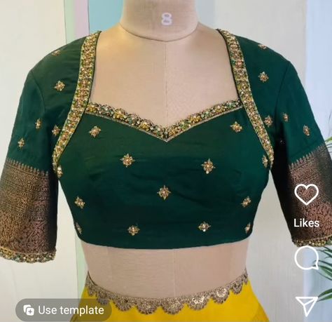 Green Traditional Blouse Designs, Aari Work On Self Designed Blouse, Blouse Design For Wedding Saree, Blouse Neck And Back Design, Blouse Design For Green Blouse, New Blouse Designs Maggam Work, Latest Silk Blouse Designs Pattern, Blouse Design For Marriage Function, Front Neck Pattern For Blouse