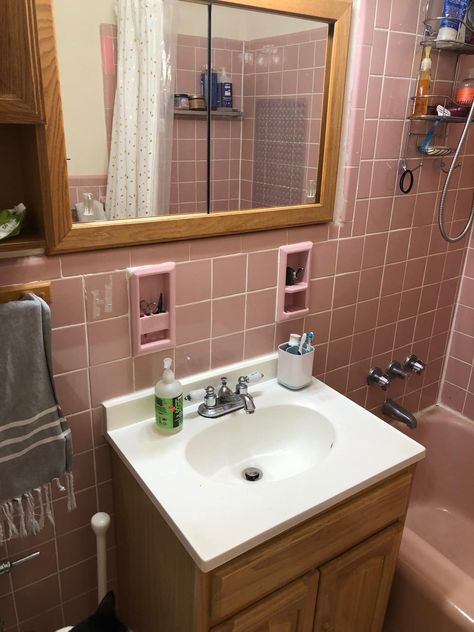 Ask Apartment Therapy: What Should I Do With This Dated Pink Bathroom? | Apartment Therapy Pink Bathroom Rental, Updated Pink Tile Bathroom, Old Pink Tile Bathroom Ideas, Pink Tile Bathroom Makeover, Pink Tile Bathroom Ideas, Mauve Bathroom, Pink Tile Bathroom, Windowless Bathroom, Pink Bathroom Tiles