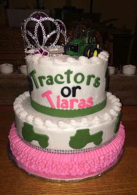 Tractors or Tiaras Baby Reveal Cake Silly Gender, Reveal Cake Ideas, Country Gender Reveal, Gender Reveal Cake Ideas, Baby Reveal Cakes, Gender Reveal Box, Gender Reveal Baby Shower Themes, Gender Reveal Themes, Gender Reveal Ideas