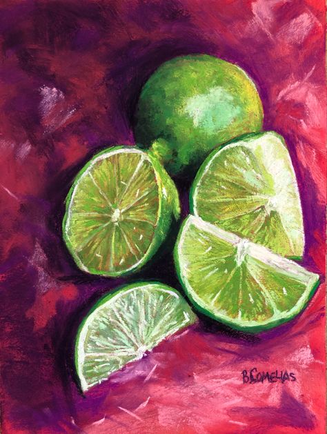 8x6 Pastel on Gatorbord primed with pumice and an alcohol wash #limesstilllife #limes #citrus #limeslices Lime Acrylic Painting, Lime Drawings Fruit, Lime Paintings, Lime Drawings, Recipe Collage, Citrus Painting, Heavy Paint, Lime Art, Clown Art