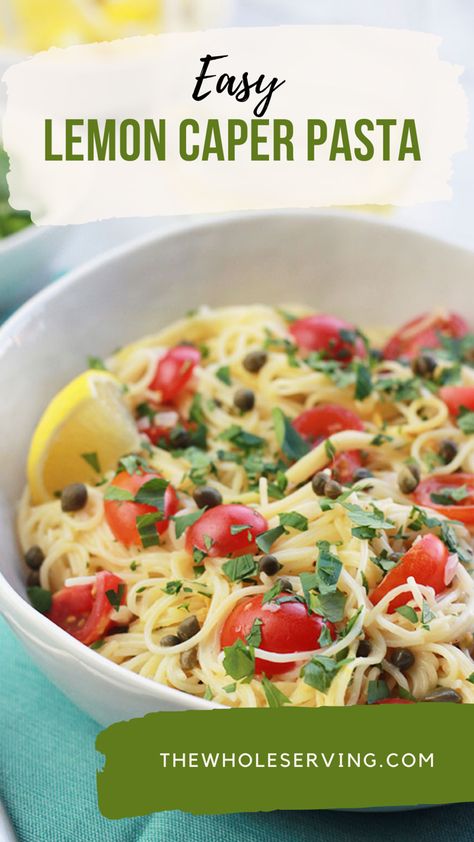 Overhead shot of lemon caper pasta in a white bowl on a blue napkin and a fork to the left of the bowl. Caper Pasta Recipes, Recipes With Capers Healthy, Capers Pasta, Lemon Caper Pasta, Pasta With Grape Tomatoes, Pasta With Capers, Pasta Lemon, Capers Recipe, Lemon Pasta