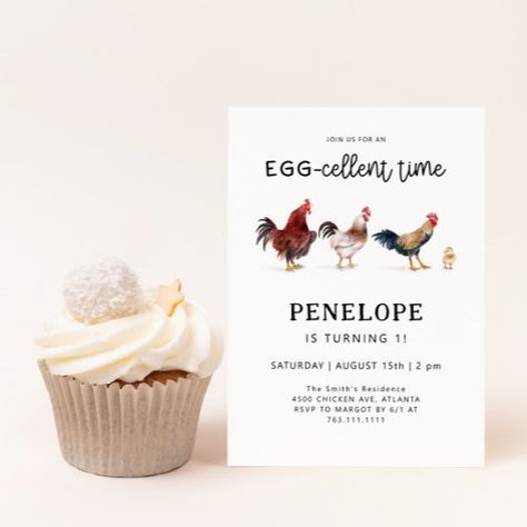 $1.90 | Farm Chicken EGG-cellent Birthday #kids birthday party invitation, chicken theme party, farm theme party, rooster, chick, rustic, cute birthday party, country, egg-cellent time, funny Chicken Birthday Party Invitation, Chicken Themed Birthday Party, Chicken Birthday Party, Chicken Birthday, Chicken Party, Holiday Party Bar, Chicken Aesthetic, Cute Birthday Party, Egg Party