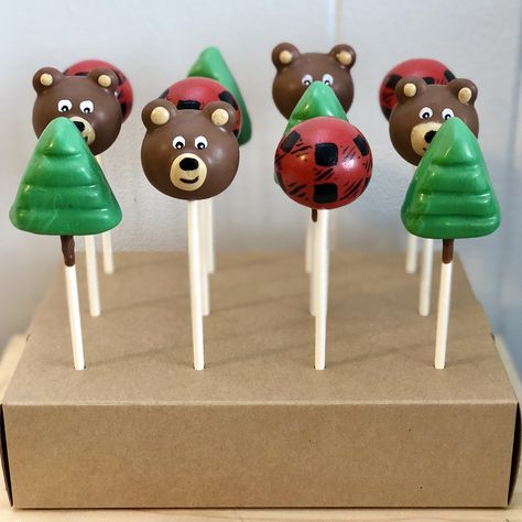 One Happy Camper Cake Pops, Camping Cake Pops, Cake Pop Bear Theme, Camping Theme Cake Pops, Bear Cake Pops Tutorial, Lumberjack Cake Pops, Woodland Cake Pops, Wildlife Cake, Raccoon Cake Pop