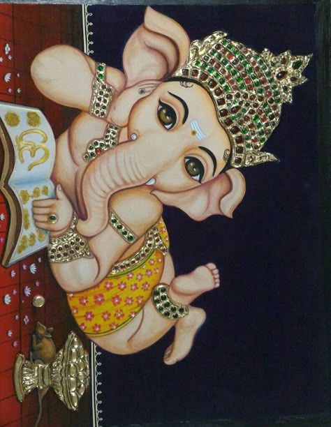 Tanjore painting More Ganesha Artwork, Indian Traditional Paintings, Saree Painting Designs, Tanjore Paintings, Ganesh Art Paintings, Saree Painting, Kerala Mural Painting, Ganesh Art, Lord Ganesha Paintings