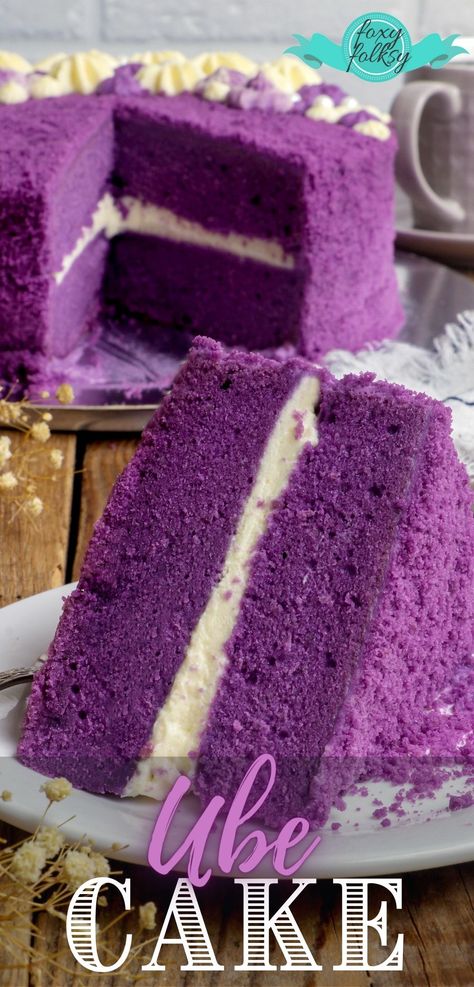 Top off your celebrations with this heavenly Ube Cake! Soft and fluffy cake blanketed with a velvety tangy, ube-flavored cream cheese frosting and covered with ube-flavored crumbs. Festivities would surely be livelier and more colorful with this on your table. Ube Jam, Ube Cake, Foxy Folksy, Ube Recipes, Whiskey Cake, Inside Cake, Purple Yam, Filipino Food, Cake Images