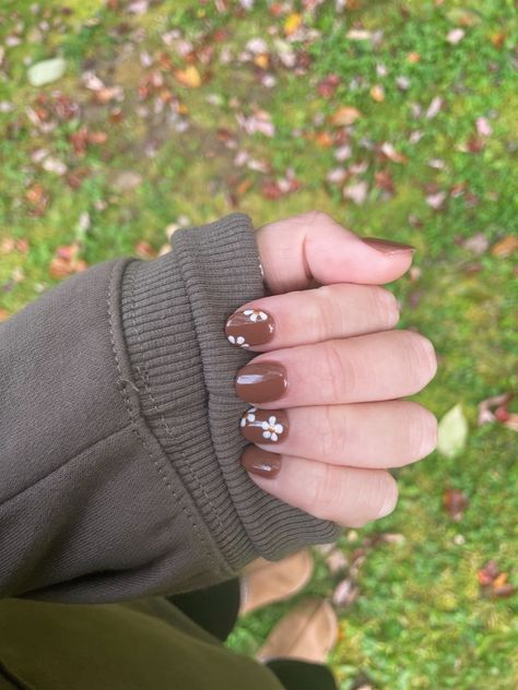 Brown Nails White Flowers, Brown Daisy Nails, Short Nail Ideas Brown, Brown Nail Short, Brown Short Nails Design, Brown Nails With Flowers, Brown Floral Nails, Brown Flower Nails, Short Floral Nails