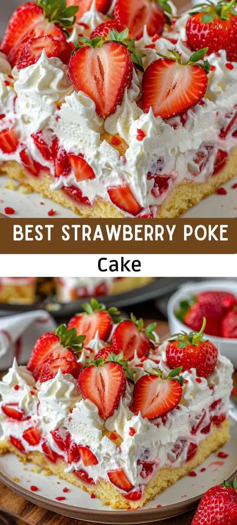 Easy Sweet Treats, Strawberry Poke Cake, Strawberry Poke Cakes, Desserts For Kids, Cake Summer, Strawberry Cake Easy, Strawberry Birthday Cake, Gooey Butter Cookies, Poke Cake Recipes