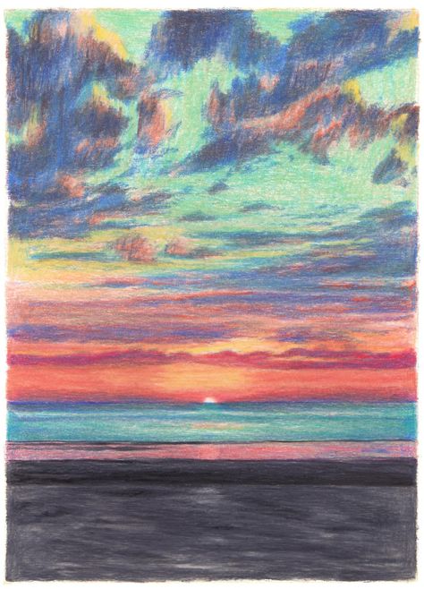 clement thoby Sunset Colored Pencil Drawing, Sketches With Colour Pencils, Drawings With Color Pencils, Color Pencil Art Landscape, Color Pencil Background, Landscape Colored Pencil, Color Pencil Art Drawings, Colored Pencil Art Ideas, Pastel Colour Art