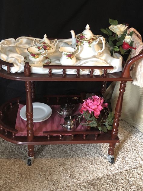 How To Style A Tea Cart, Vintage Tea Cart Ideas, Farmhouse Tea Cart, Tea Cart Ideas, Refinished Tea Cart, Antique Tea Cart Updated, Antique Tea Cart, Tea Carts, Vintage Tea Cart