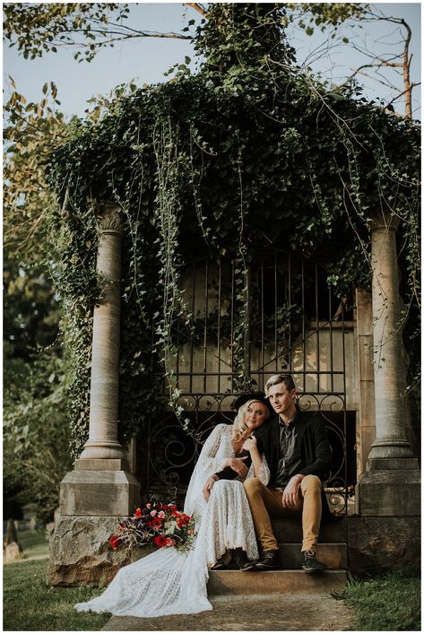 Witchy Romance Styled Shoot {Riverside Cemetery} | Asheville Wedding Guide Cemetery Wedding, Cemetery Photoshoot, Photoshoot Ideas Couples, Fake Wedding, Wedding Types, Wedding Dress Boutiques, Asheville Wedding, Engagement Photo Poses, Gothic Wedding