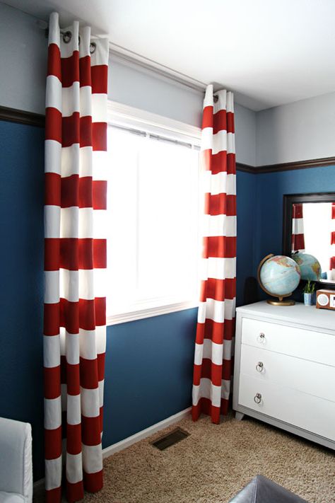 IHeart Organizing: Preston's Bedroom Update: Seeing Orange Stripes Draps Design, Pirate Bedroom, Pirate Room, Nautical Room, Baseball Room, The Curtains, Bedroom Updates, Striped Curtains, Grey Paint Colors